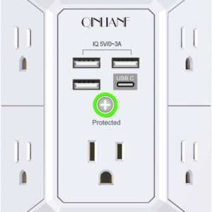 Wall Charger, Surge Protector, QINLIANF 5 Outlet Extender with 4 USB Charging Ports, 3-Sided 1680J Power Strip Multi Plug Adapter Spaced for Home Travel Office