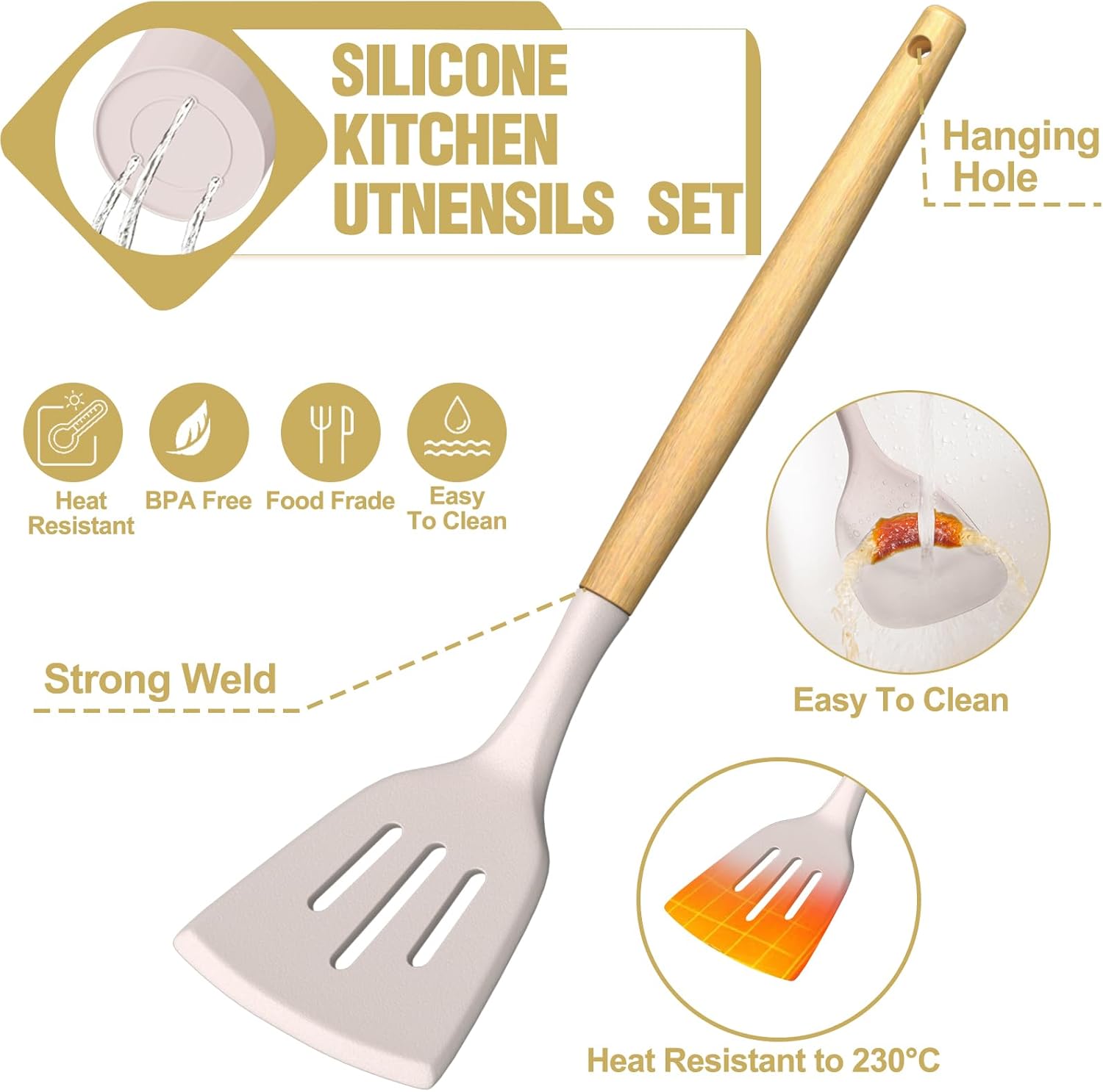 Cooking Utensils Set- Umite Chef Khaki Silicone Kitchen Utensils Set, 34PCS Heat Resistant Kitchen Gadgets Tools Set with Grater, Wooden Handle Kitchen Spatula Set for Nonstick Cookware - Image 7