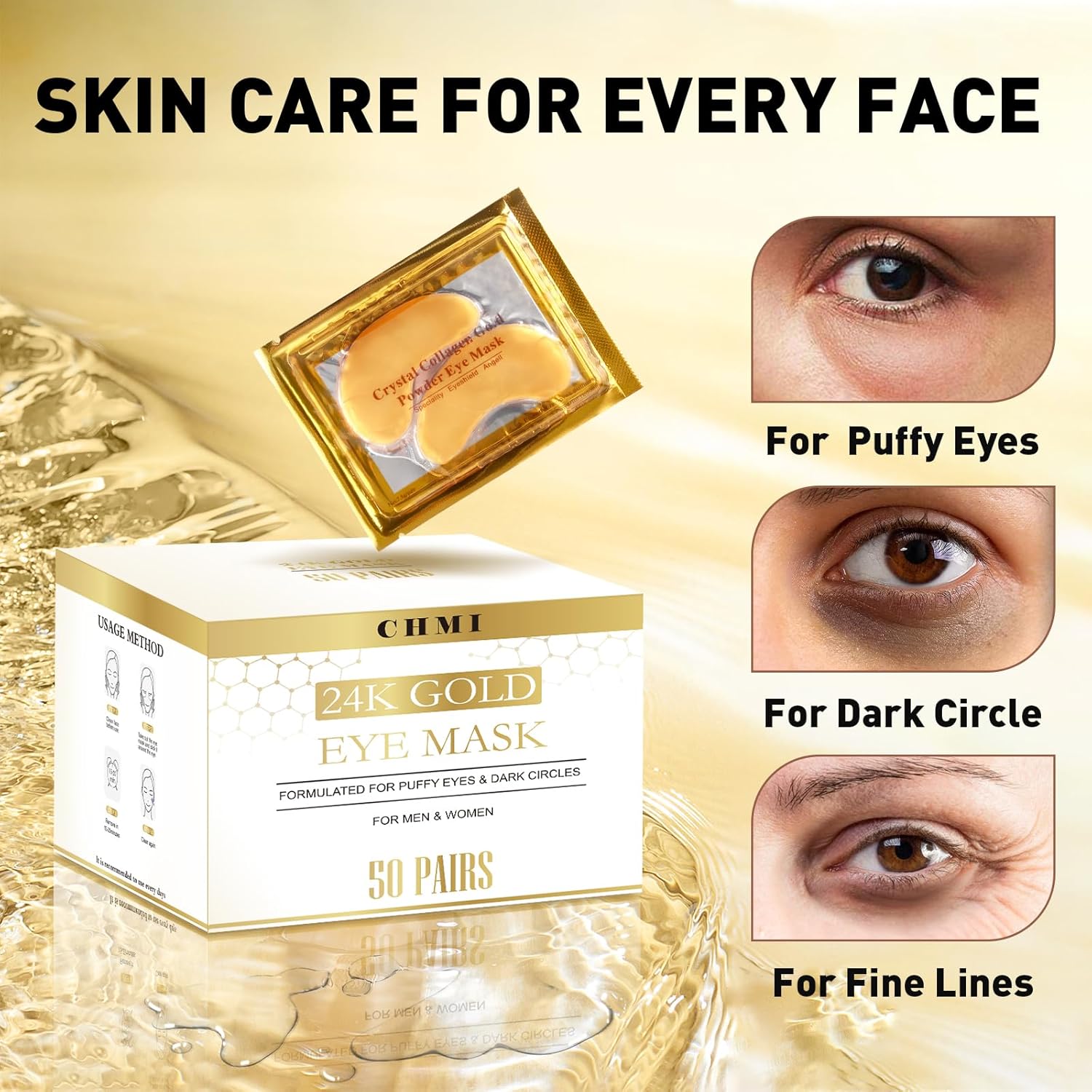 CHMI Under Eye Patches (50 Pairs) - 24K Gold Eye Patches for Puffy Eyes, Dark Circles, EyeBags and Wrinkles, Collagen Skin Care Products, Beauty & Personal Care - Image 2