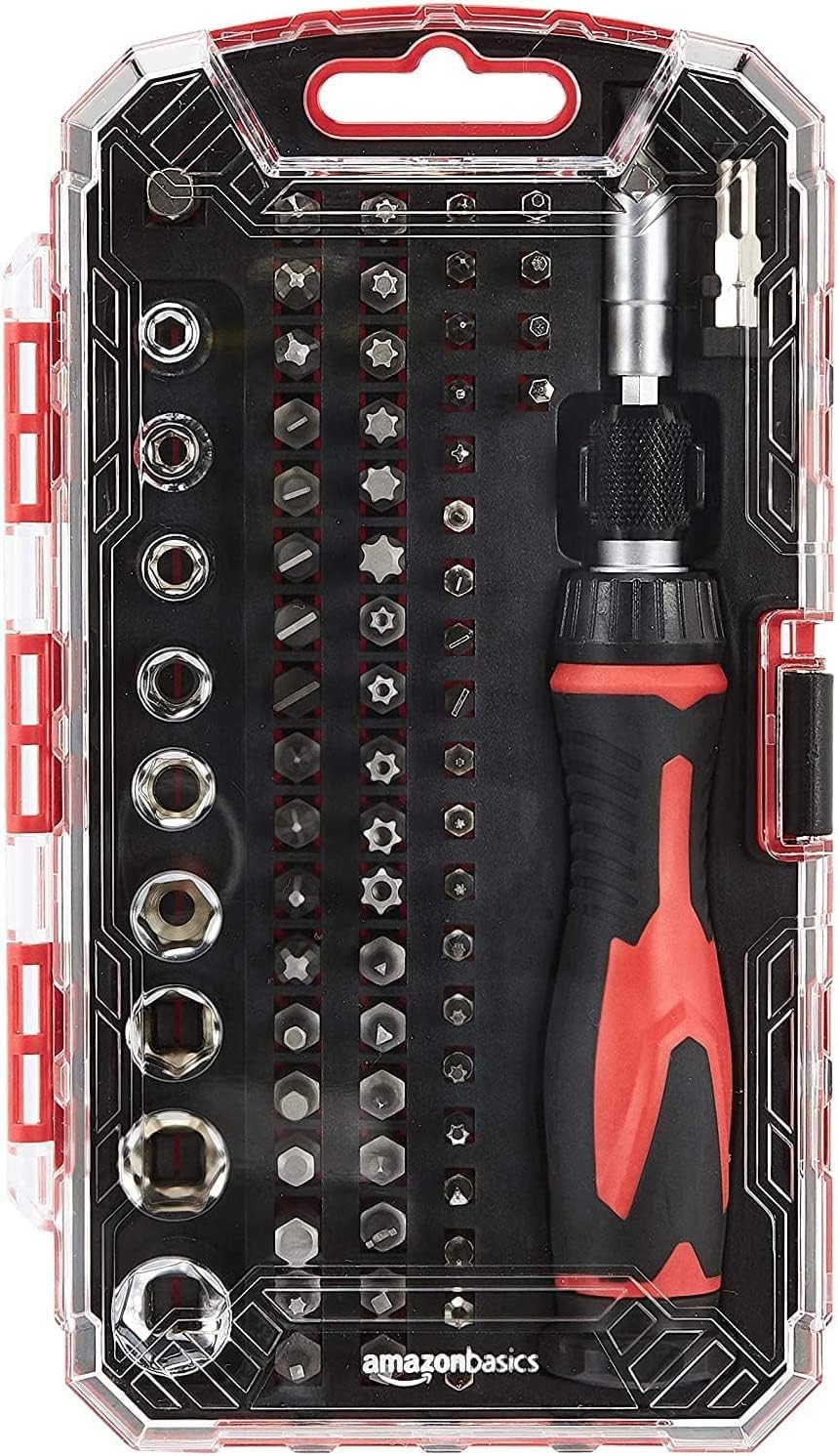 Amazon Basics Magnetic Ratcheting Wrench and Electronics Precision Screwdriver Tool Set, 73-Piece, with Carry Case for Household Repair, Small Jobs, Eyeglasses, Black/Red/Silver - Image 7