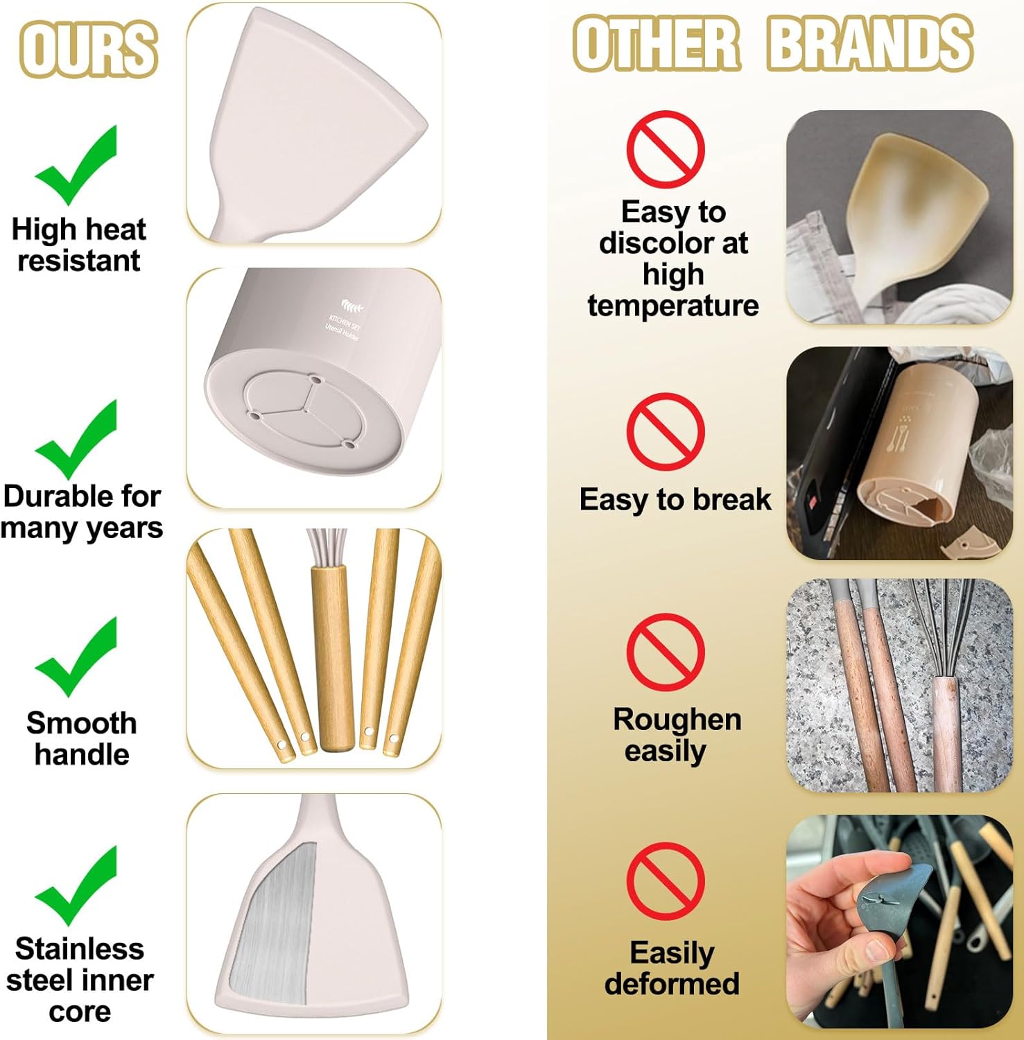 Cooking Utensils Set- Umite Chef Khaki Silicone Kitchen Utensils Set, 34PCS Heat Resistant Kitchen Gadgets Tools Set with Grater, Wooden Handle Kitchen Spatula Set for Nonstick Cookware - Image 6