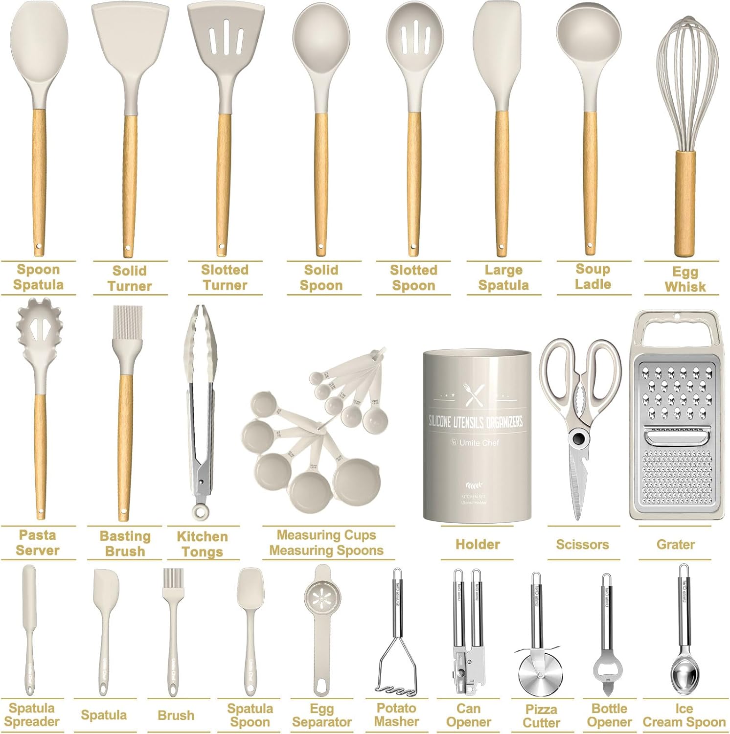 Cooking Utensils Set- Umite Chef Khaki Silicone Kitchen Utensils Set, 34PCS Heat Resistant Kitchen Gadgets Tools Set with Grater, Wooden Handle Kitchen Spatula Set for Nonstick Cookware - Image 2