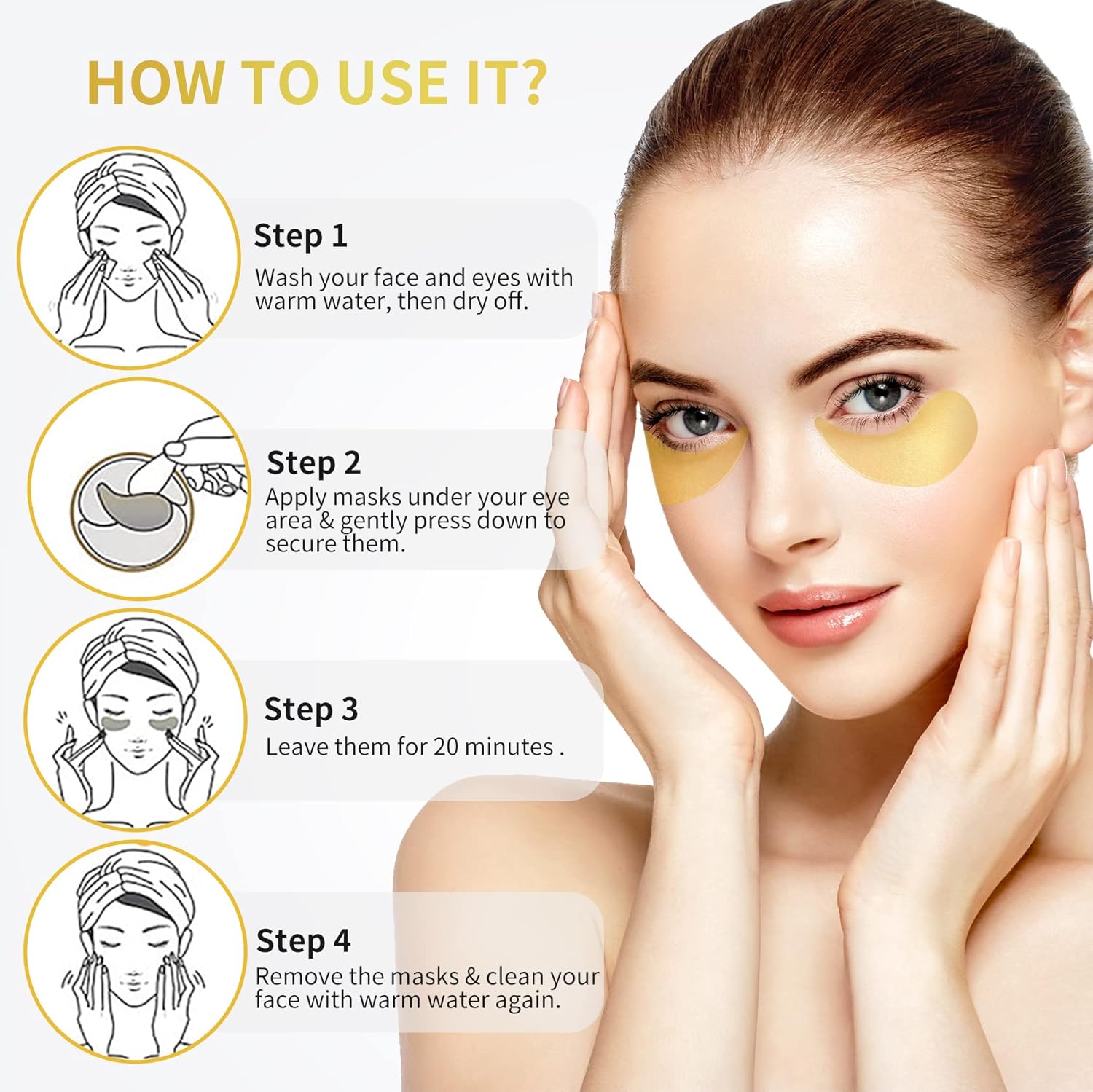 24K Gold Under Eye Patches - 60 Pack for Puffy Eyes, Dark Circles, Bags & Wrinkles with Collagen & Hyaluronic Acid - Eye Care Pads for Daily Skincare (Gold) - Image 5
