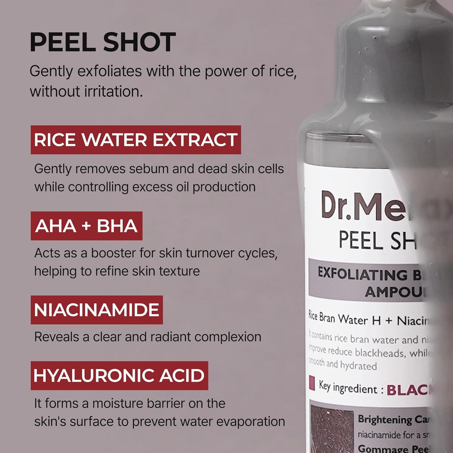Dr.Melaxin Peel Shot Glow Black Rice Peeling Ampoule 80ml, Dead Skin Remover Gentle Exfoliating with Rice Water Extract, AHA BHA, Niacinamide, Daily Skin Texture, All Skin Types, Korean Skincare - Image 4
