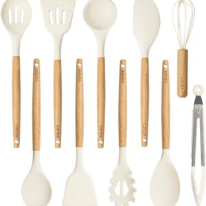 CAROTE Silicone Cooking Utensils Set, Kitchen Utensils Set 10 Pcs for cooking, BPA Free Spatula Set with Heat Resistant Wood Handles for Nonstick Cookware (Cream White)