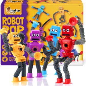 nutty toys Sensory Robot Toys 4pk - Top Pop Tubes Fidget 2026 for ADHD & Autism Ages 3 4 5 6 7 8 9 10 11 12, Best Kids Travel Essentials Idea, Unique Toddler & Tween Gifts, Boy Easter Basket Stuffers