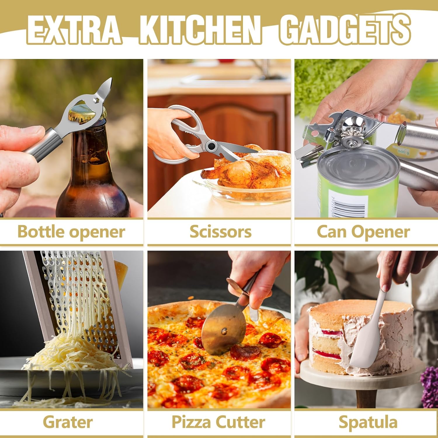 Cooking Utensils Set- Umite Chef Khaki Silicone Kitchen Utensils Set, 34PCS Heat Resistant Kitchen Gadgets Tools Set with Grater, Wooden Handle Kitchen Spatula Set for Nonstick Cookware - Image 4