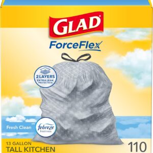 Glad Tall Kitchen Drawstring Trash Bags - Odorshield 13 Gallon White Trash Bag, Febreze Fresh Clean, 110 Count