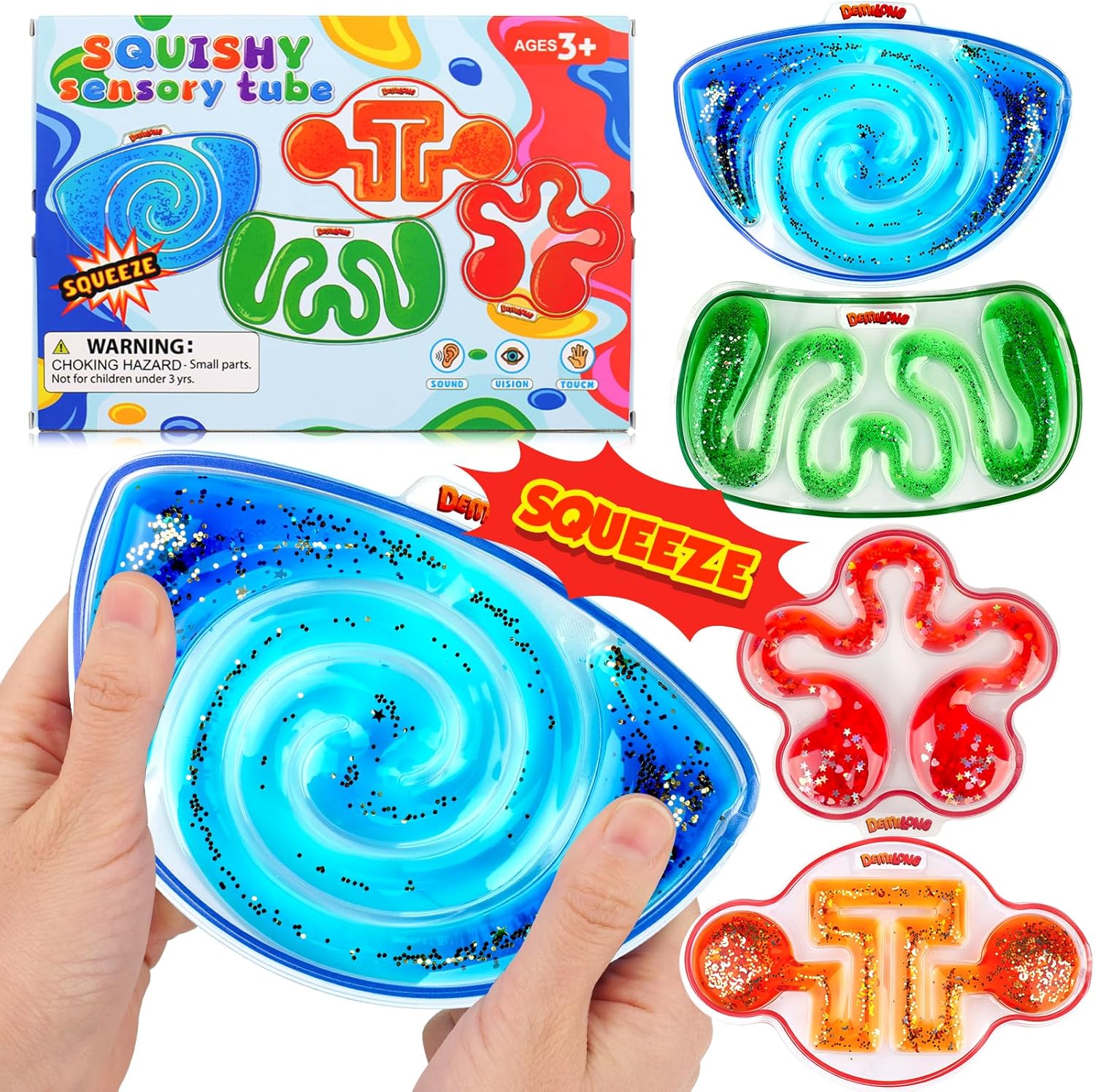 Squishy Sensory Toys for Kids - 4 Pack Fidget Toy Sensory Maze for Autism - Stress Relief Toys for Calm Down - Squeeze Fidget Toy Filled Goo, Glitter, Prizes for Kids Classroom, Easter Basket for Kid