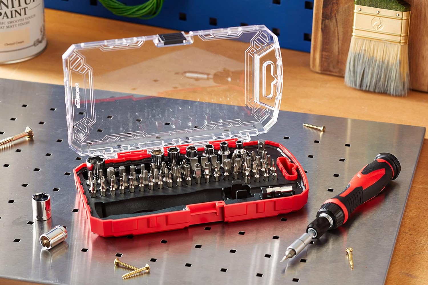 Amazon Basics Magnetic Ratcheting Wrench and Electronics Precision Screwdriver Tool Set, 73-Piece, with Carry Case for Household Repair, Small Jobs, Eyeglasses, Black/Red/Silver - Image 10