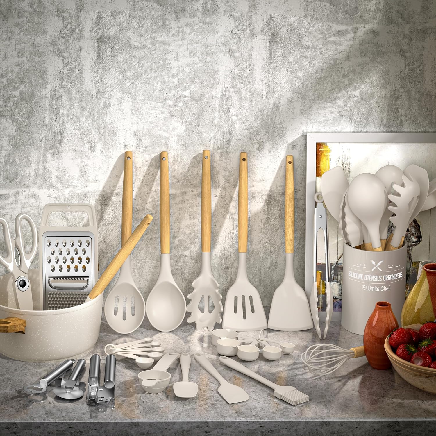 Cooking Utensils Set- Umite Chef Khaki Silicone Kitchen Utensils Set, 34PCS Heat Resistant Kitchen Gadgets Tools Set with Grater, Wooden Handle Kitchen Spatula Set for Nonstick Cookware - Image 3